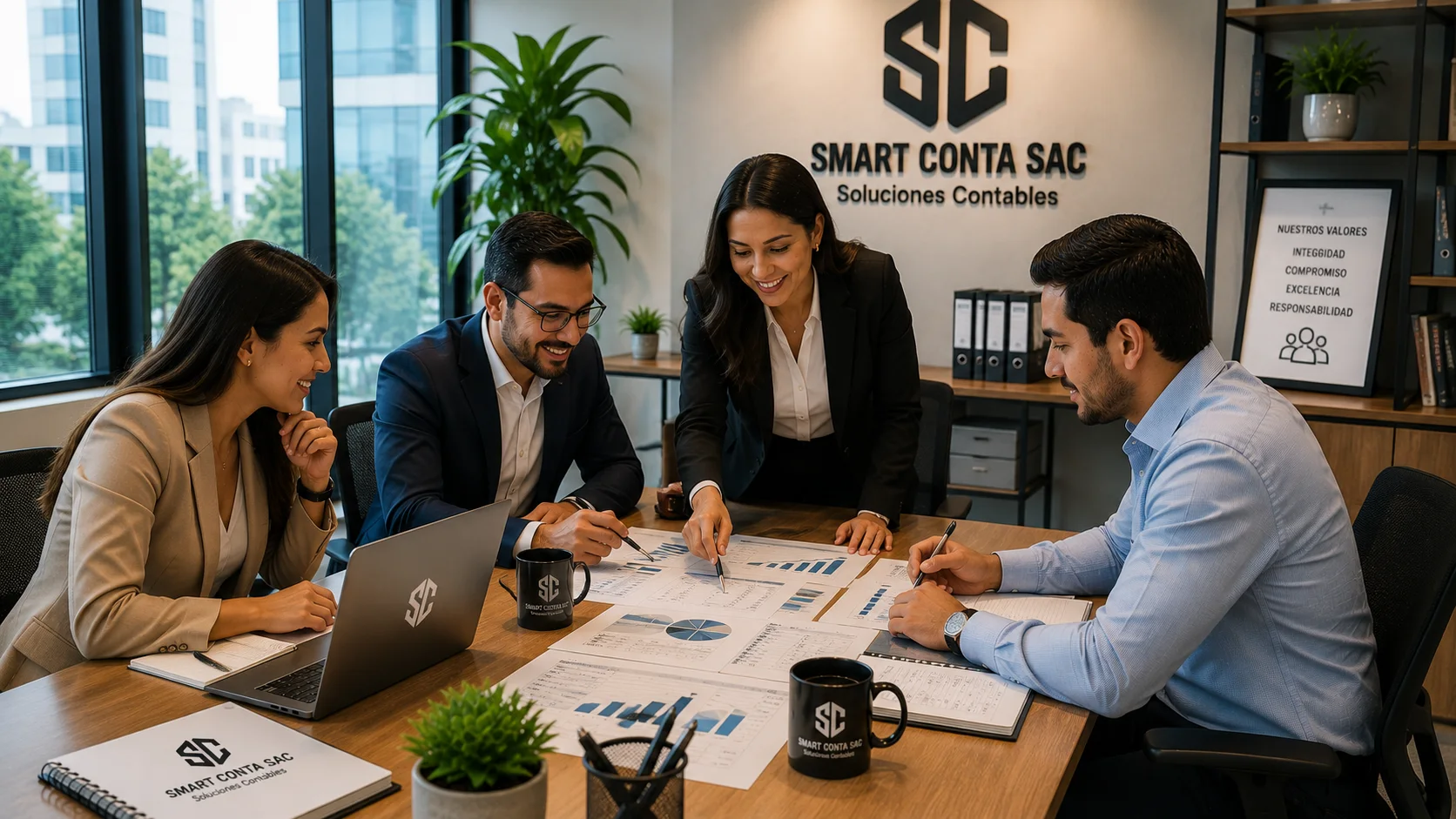 Equipo de SMARTCONTA reunido analizando documentos y estados financieros
